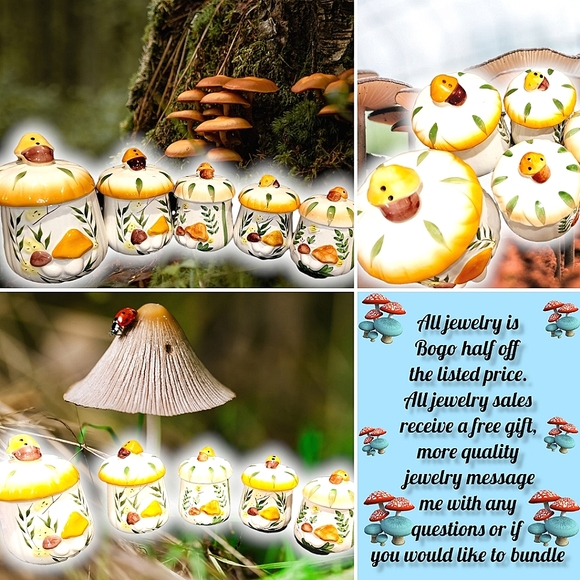 Set of 5 whimsical mushroom butterfly ceramic canisters - Picture 2 of 16